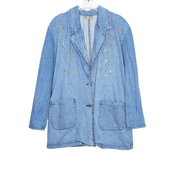 Vintage Blue Denim Long Sleeve Rhinestone Studded Blazer Gabby And Claudia M - Picture 1 of 9